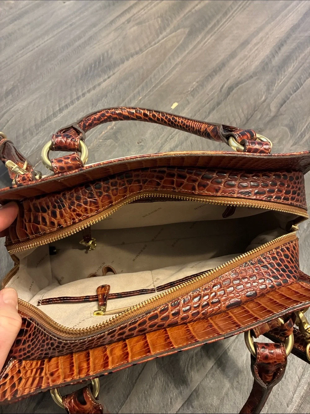 Brahmin Mandy Whisper Vineyard Brown and White Croc-Embossed Stripe Satchel